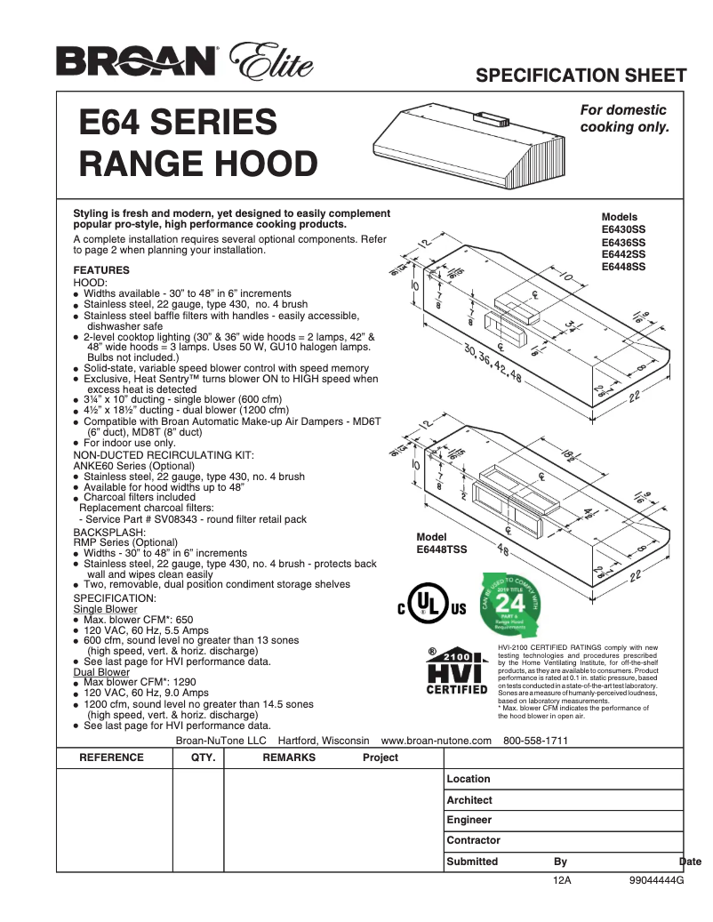 Page 1 de la notice Fiche technique Broan E6436SS