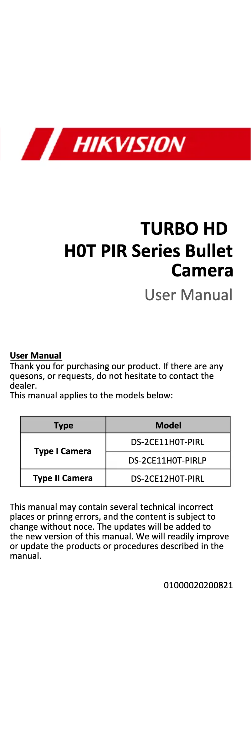 Page 1 de la notice Mode d'emploi Hikvision DS-2CE11H0T-PIRLP