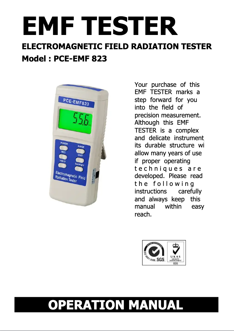 Page 1 de la notice Manuel utilisateur PCE Instruments PCE-EMF 823