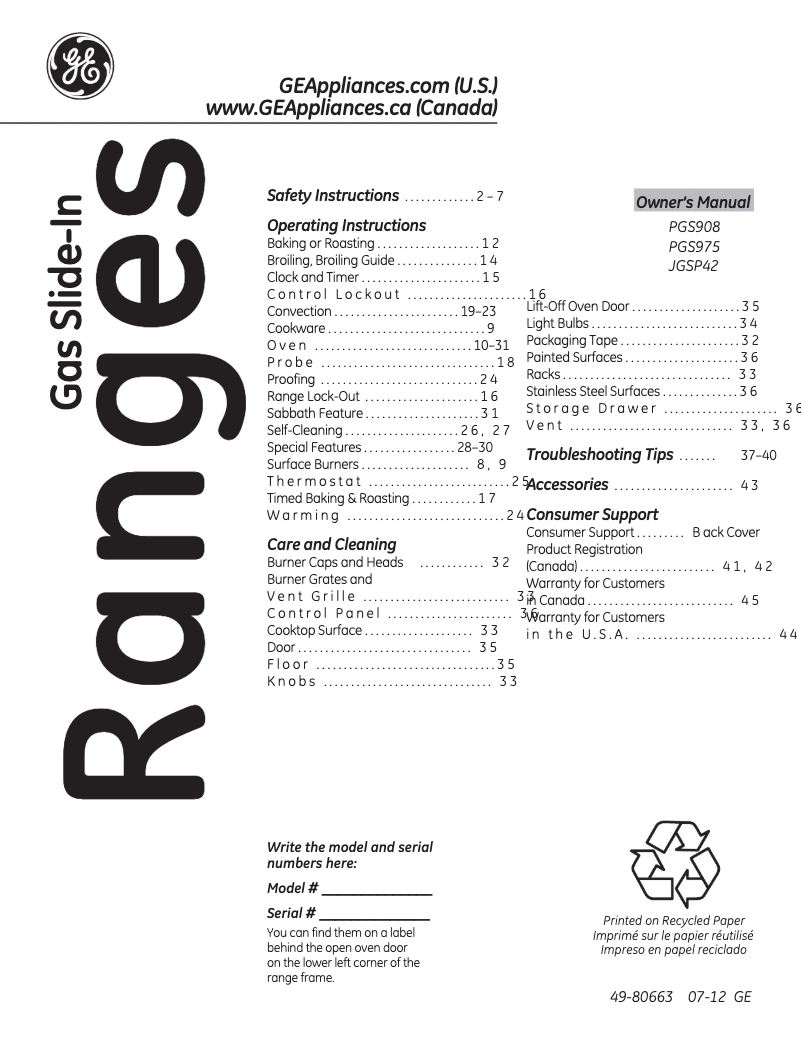 Page n°1 - Manuel d'utilisation et d'entretien GE Profile PGS975DEPBB