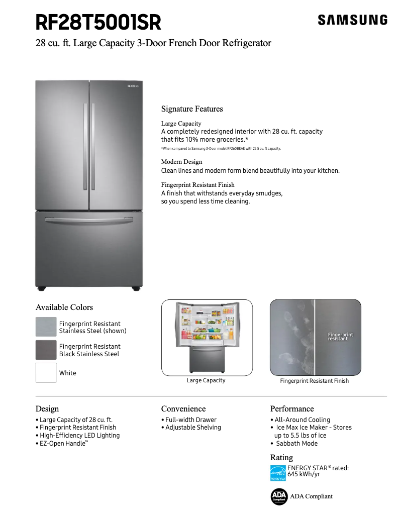 Page 1 de la notice Fiche technique Samsung RF28T5001SG