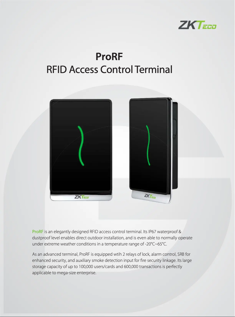 Page 1 de la notice Fiche technique ZKTeco Pro RF