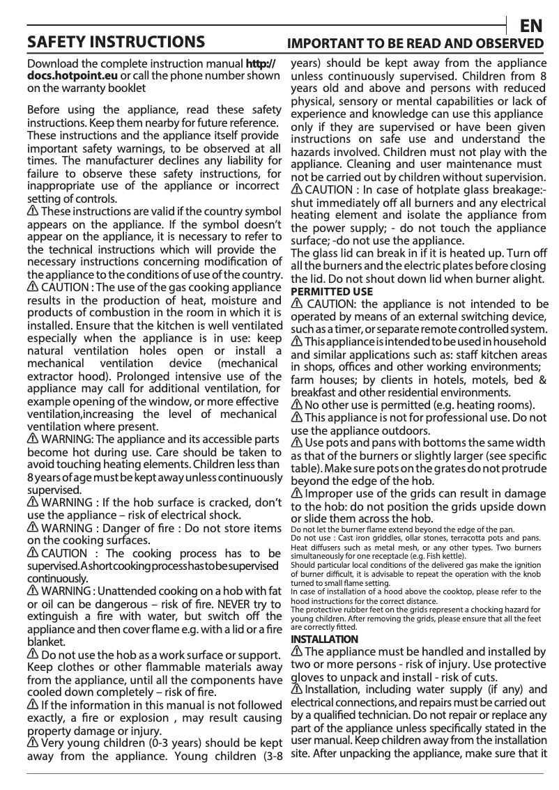 Page n°1 - Instructions / montage Hotpoint PHC 961 TS/IX/H