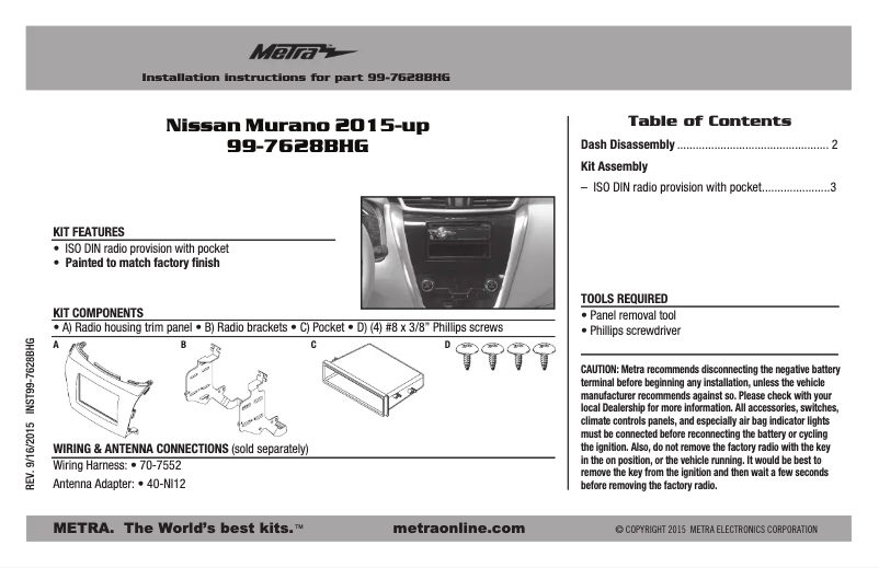 Page n°1 - Manuel utilisateur Metra 99-7628BHG