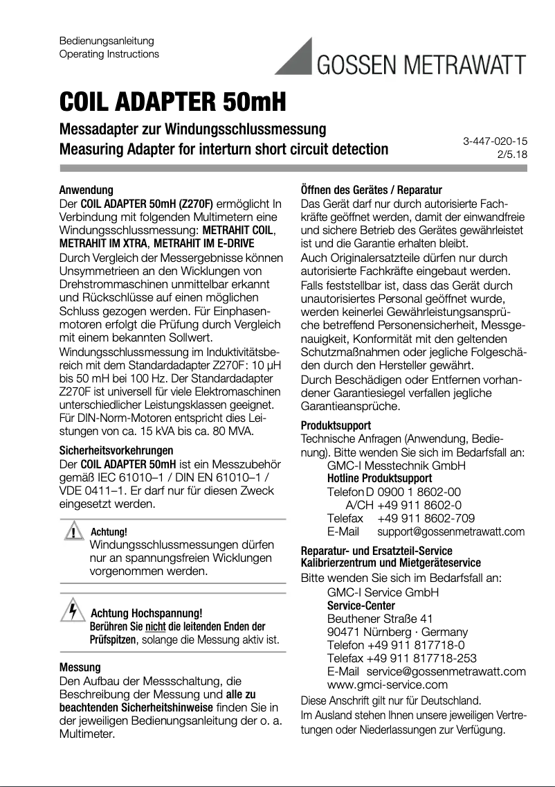 Page n°1 - Manuel utilisateur Gossen Metrawatt Coil Adapter 50mH