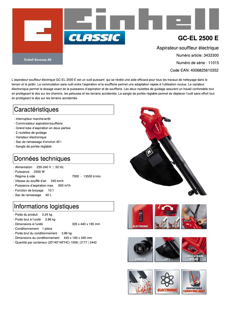 Page 1 de la notice Fiche technique Einhell GC-EL 2500 E