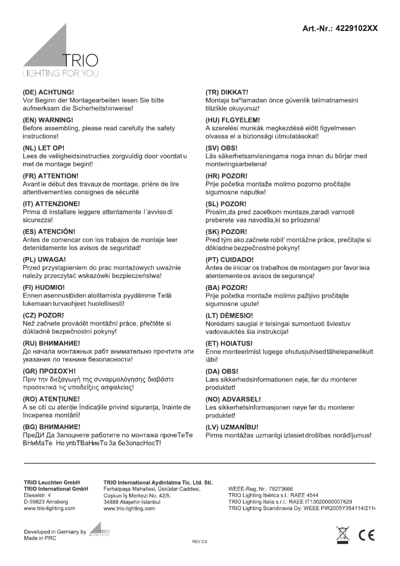 Page 1 de la notice Manuel utilisateur Trio Lighting Varese 422910208