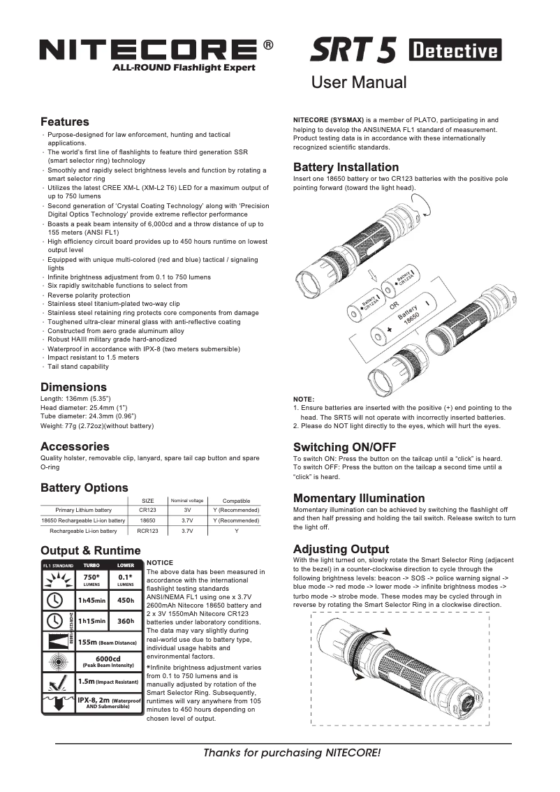 Page 1 de la notice Manuel utilisateur Nitecore SRT5