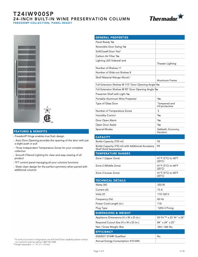 Página 1 del manual Ficha técnica Thermador T24IW900SP
