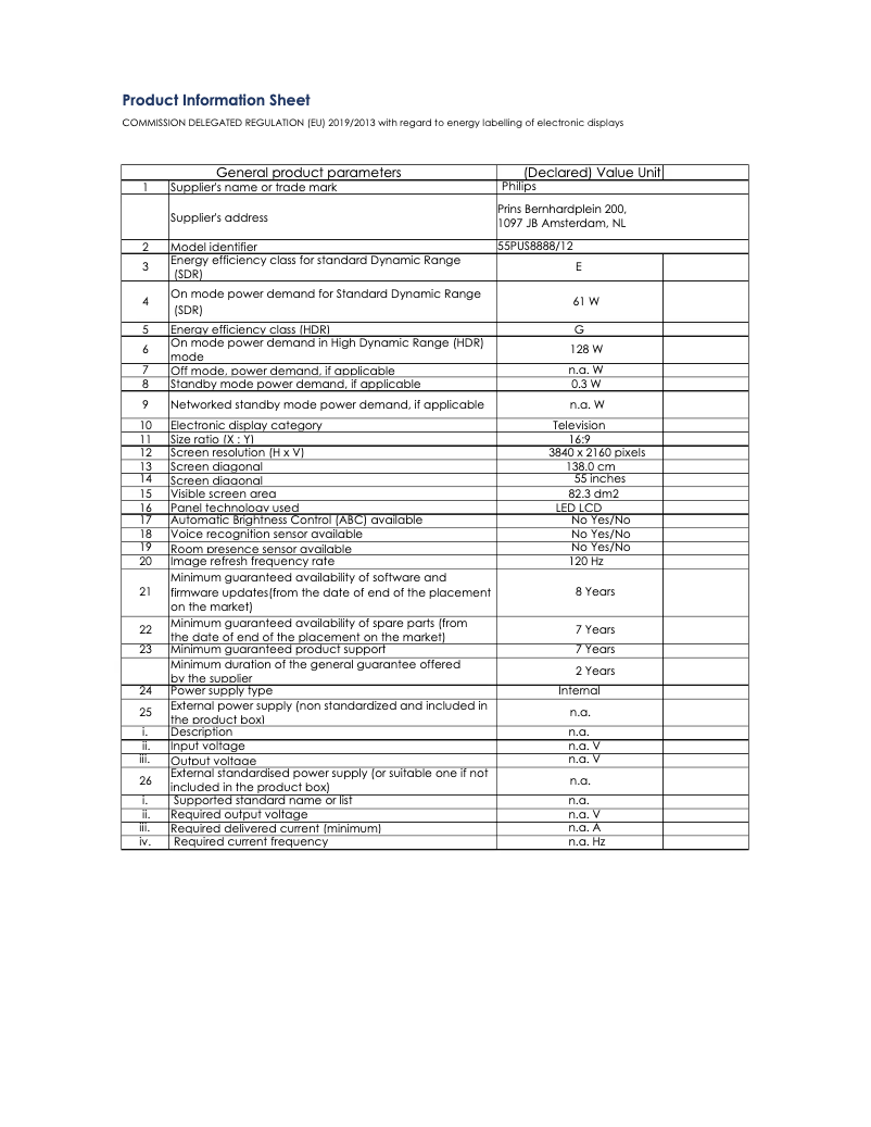 Page 1 of the manual Technical Sheet Philips The One 55PUS8888
