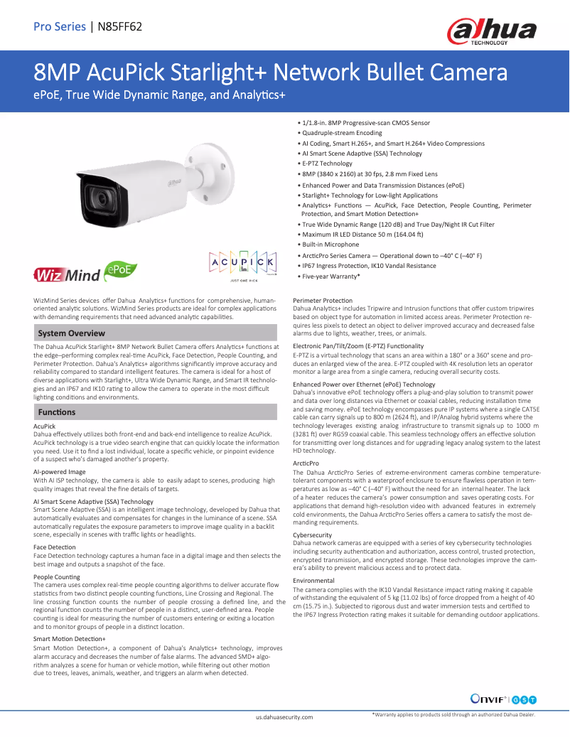 Page 1 de la notice Fiche technique Dahua Technology N85FF62