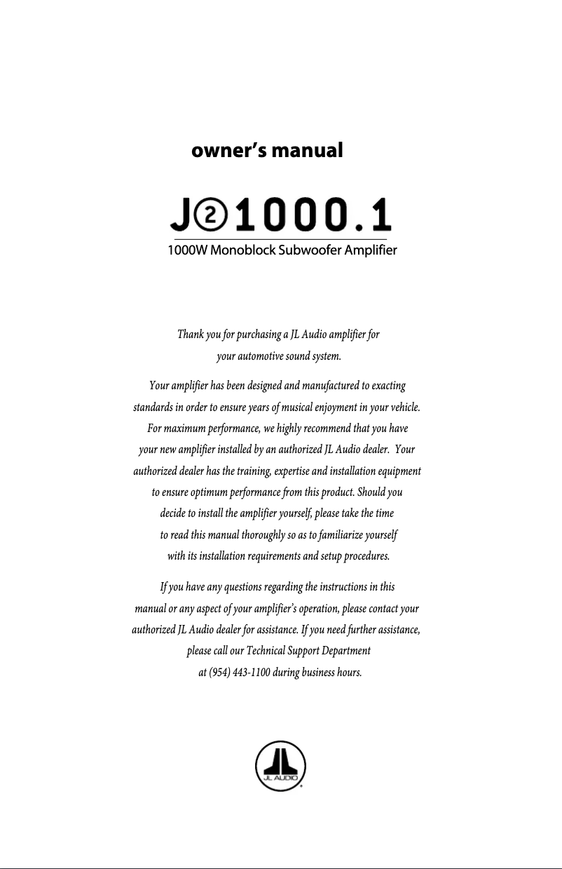 Page n°1 - Manuel utilisateur JL Audio J2 1000.1