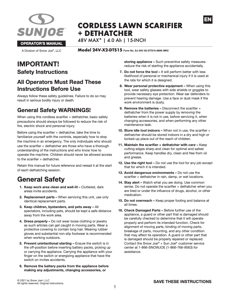 Page 1 de la notice Manuel utilisateur Sun Joe 24V-X2-DTS15-CT