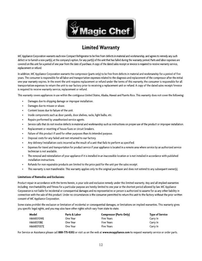 Página 1 del manual Información de garantía Magic Chef HMAR170STE