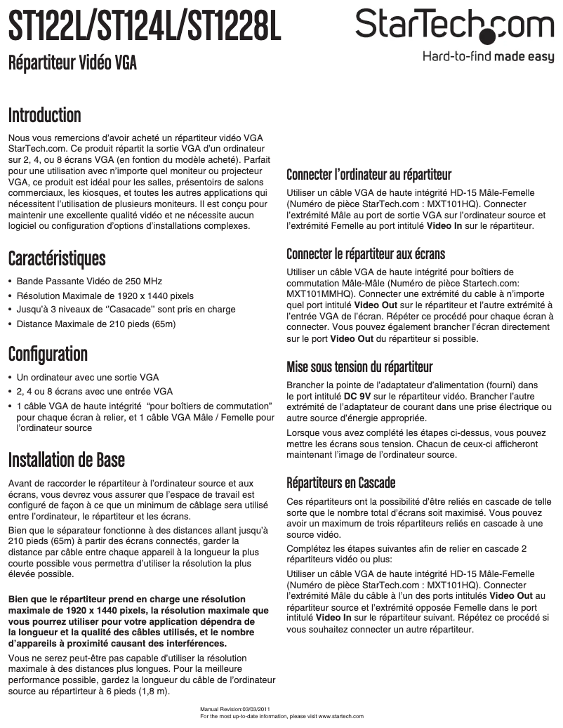 Page 1 de la notice Manuel utilisateur StarTech.com ST124L