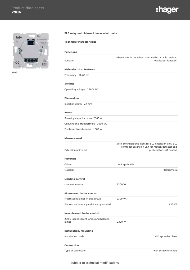Page 1 de la notice Fiche technique Berker 2906