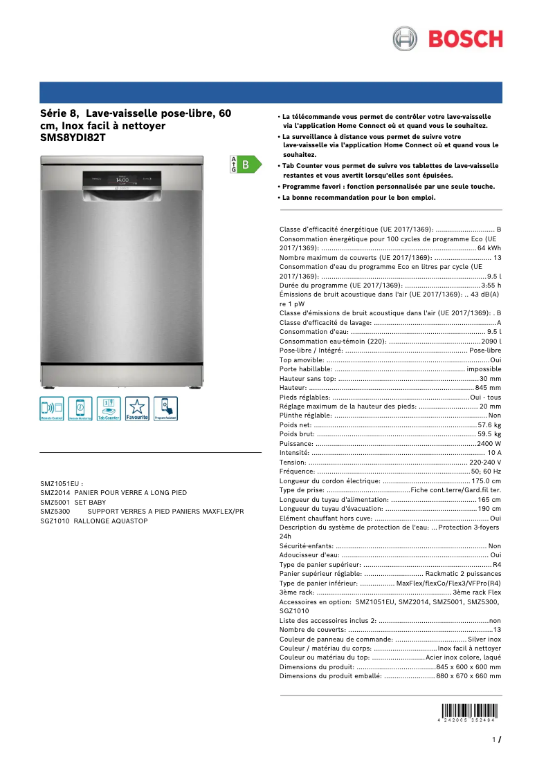 Page n°1 - Fiche technique Bosch SMS8YDI82T