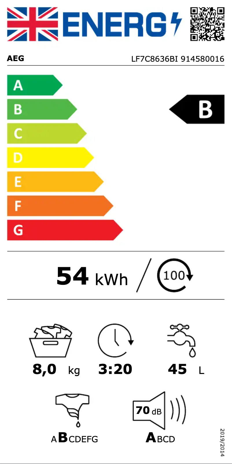 Page 1 de la notice Label énergétique AEG LF7C8636BI
