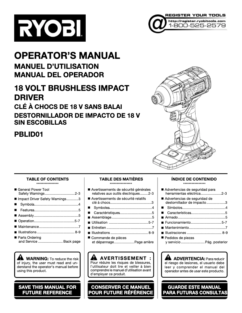Page 1 de la notice Manuel utilisateur RYOBI One+ PBLID01