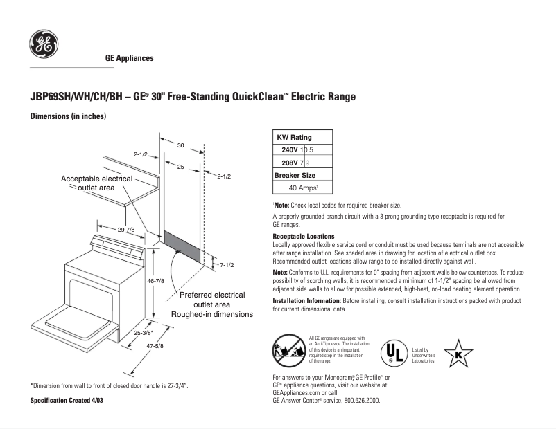 Page n°1 - Fiche technique GE JBP69BHBB