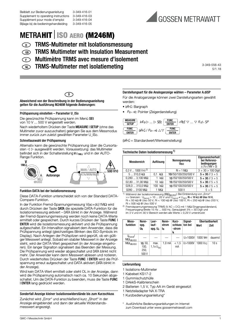 Page n°1 - Manuel utilisateur Gossen Metrawatt Metrahit ISO AERO