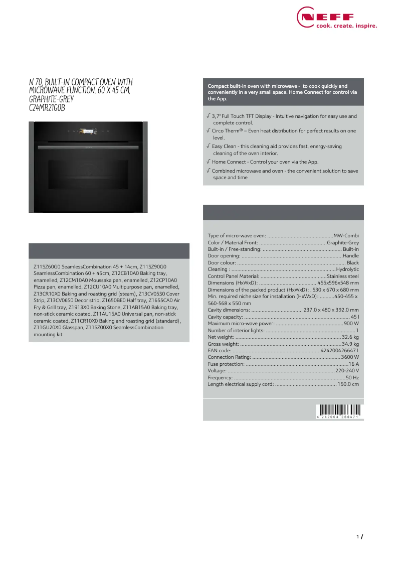 Page 1 de la notice Fiche technique Neff C24MR21G0B