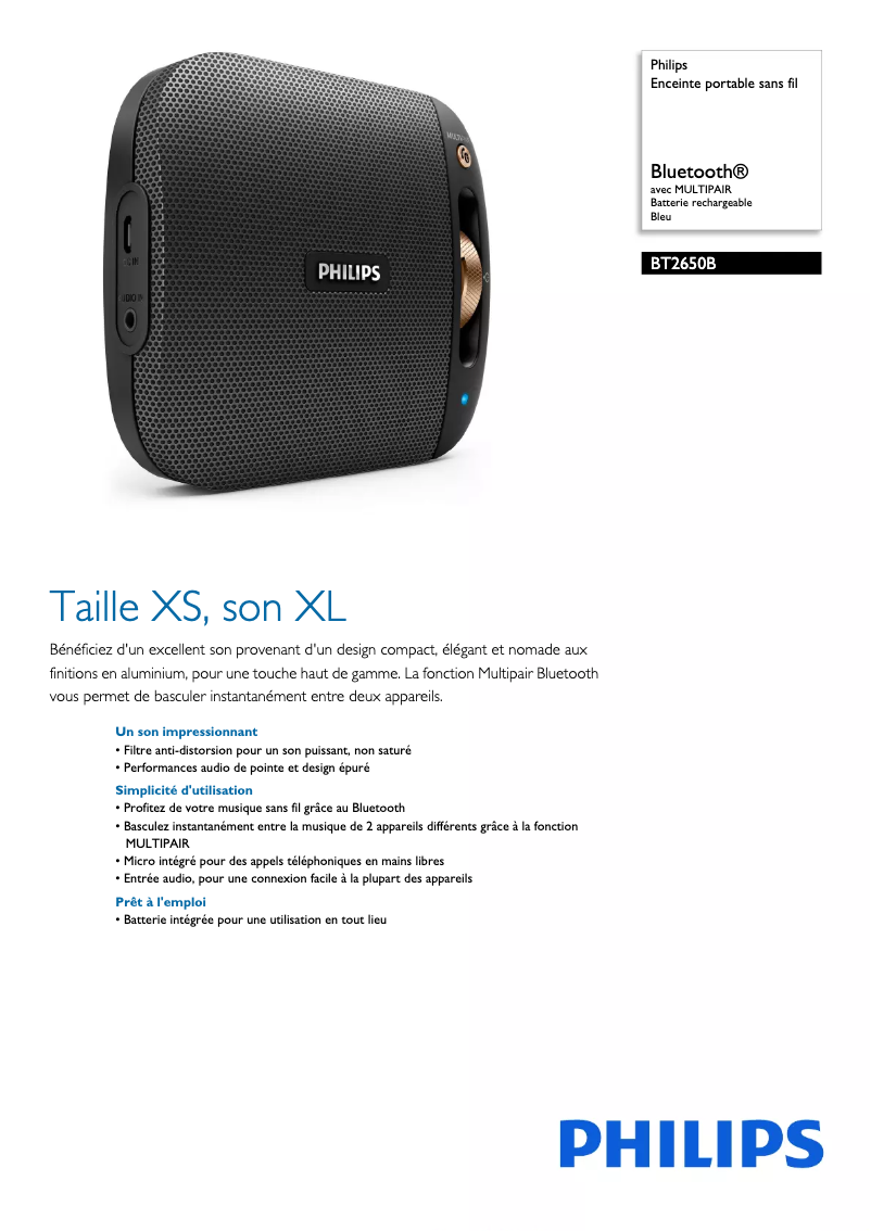 Page 1 de la notice Fiche technique Philips BT2650B