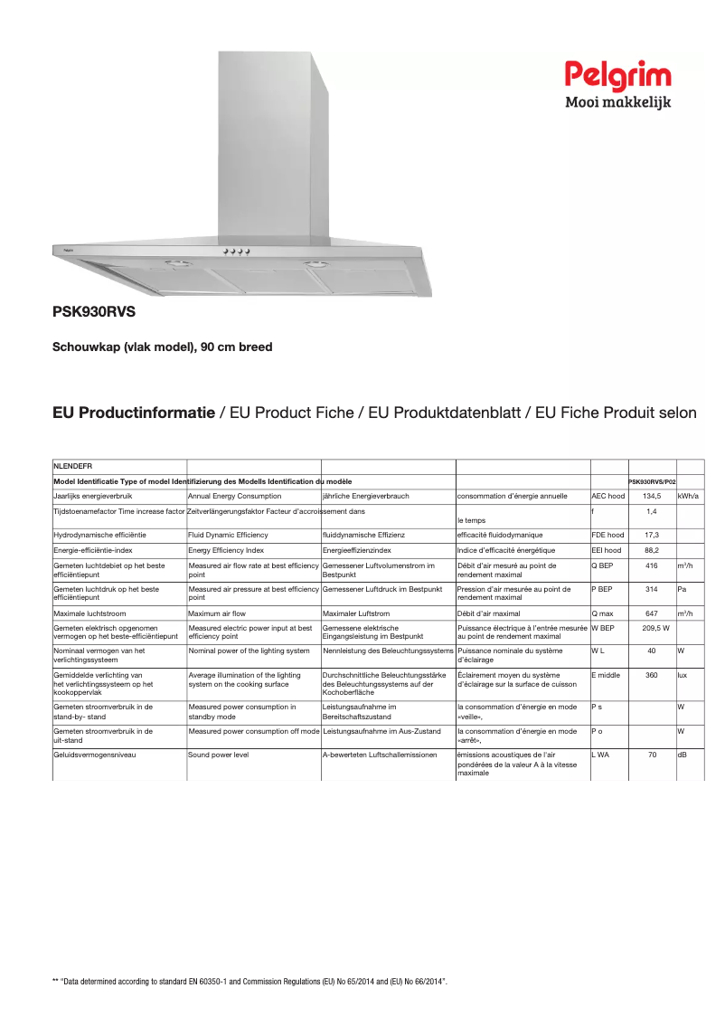 Page 1 de la notice Fiche technique Pelgrim PSK930RVS