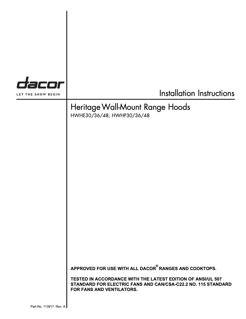 Page n°1 - Guide d'installation Dacor HWHE4812S