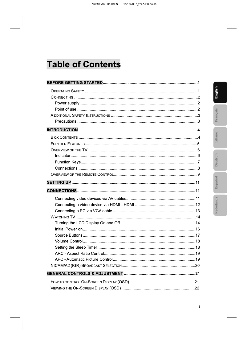 Page 1 de la notice Manuel utilisateur Tatung V32MCAK-ED1