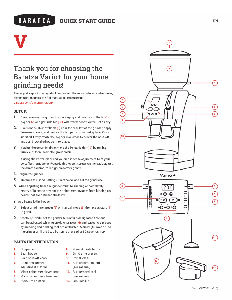 Page 1 de la notice Guide de démarrage rapide Baratza Vario+
