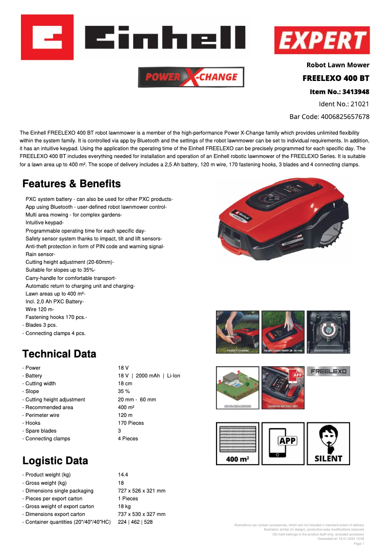 Page 1 de la notice Fiche technique Einhell FREELEXO 400 BT