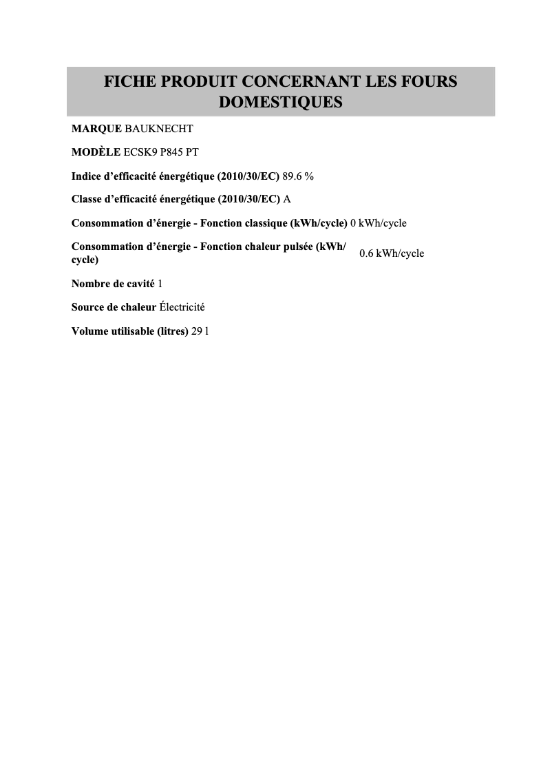 Página 1 del manual Ficha técnica Bauknecht ECSK9 P845 PT