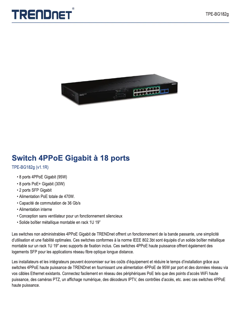 Page 1 de la notice Fiche technique TRENDnet TPE-BG182g