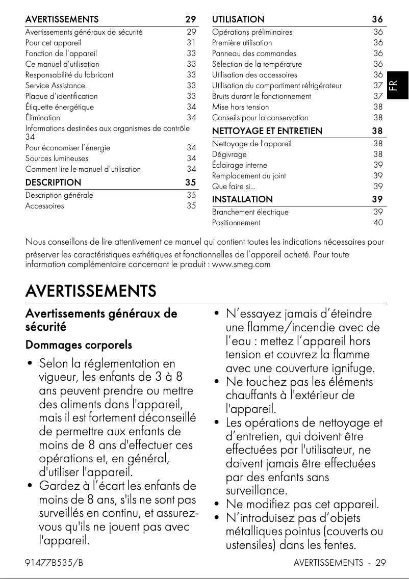 Page 1 de la notice Fiche technique Smeg FAB10HRDIT6