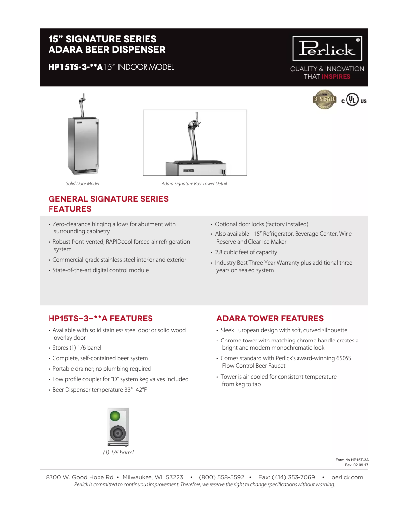 Page n°1 - Fiche technique Perlick Signature Series HP15TS-3-1LA