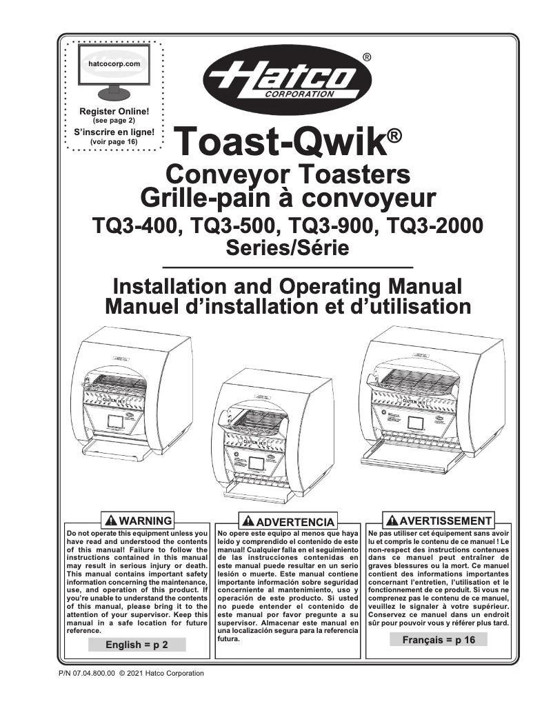 Page n°1 - Manuel utilisateur Hatco Toast-Qwik TQ3-900