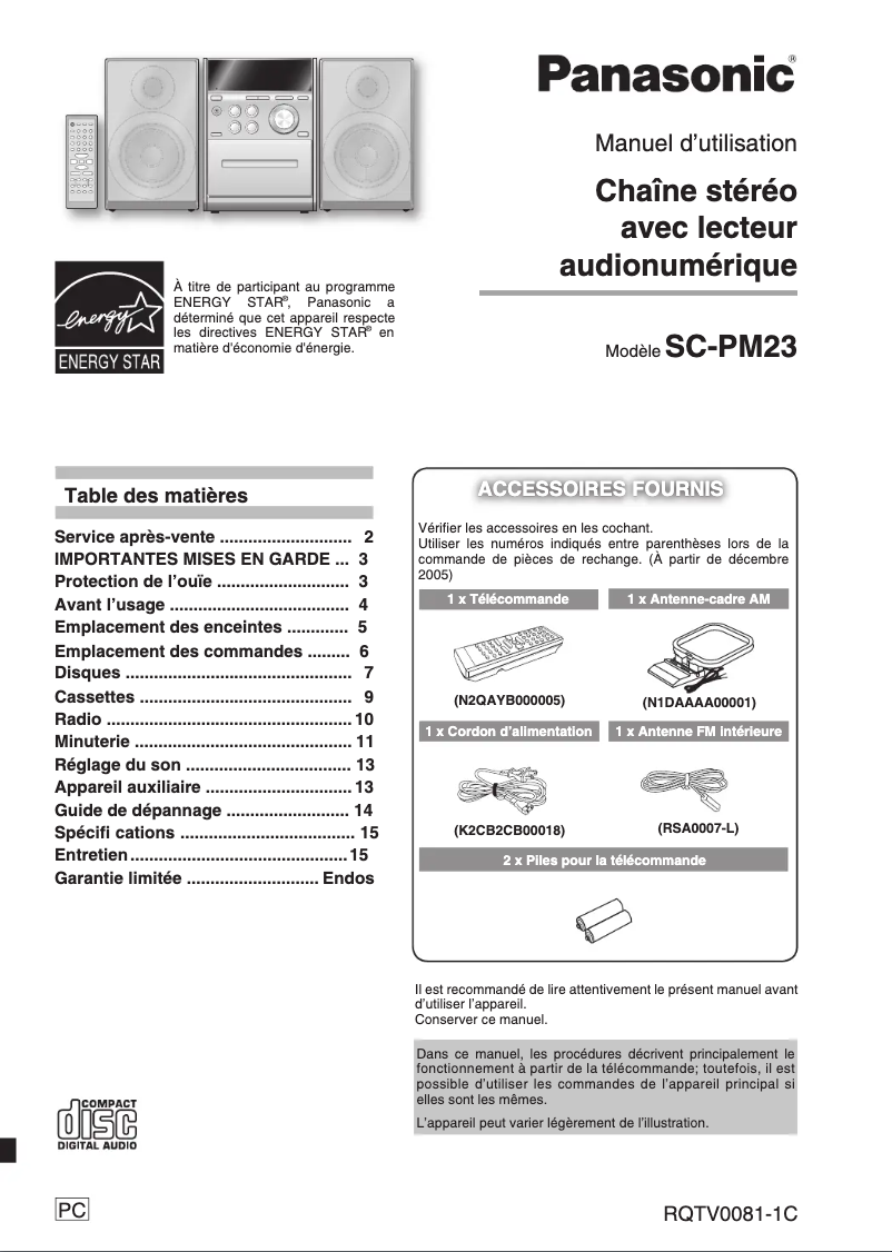 Page 1 de la notice Manuel utilisateur Panasonic SC-PM23