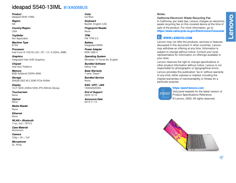 Page 1 de la notice Fiche technique Lenovo IdeaPad S540