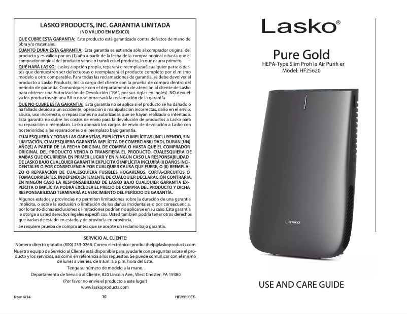 Page 1 de la notice Manuel utilisateur Lasko Pure Gold HF25620