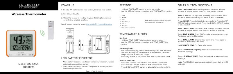 Page n°1 - Guide de démarrage rapide La Crosse Technology 308-179OR
