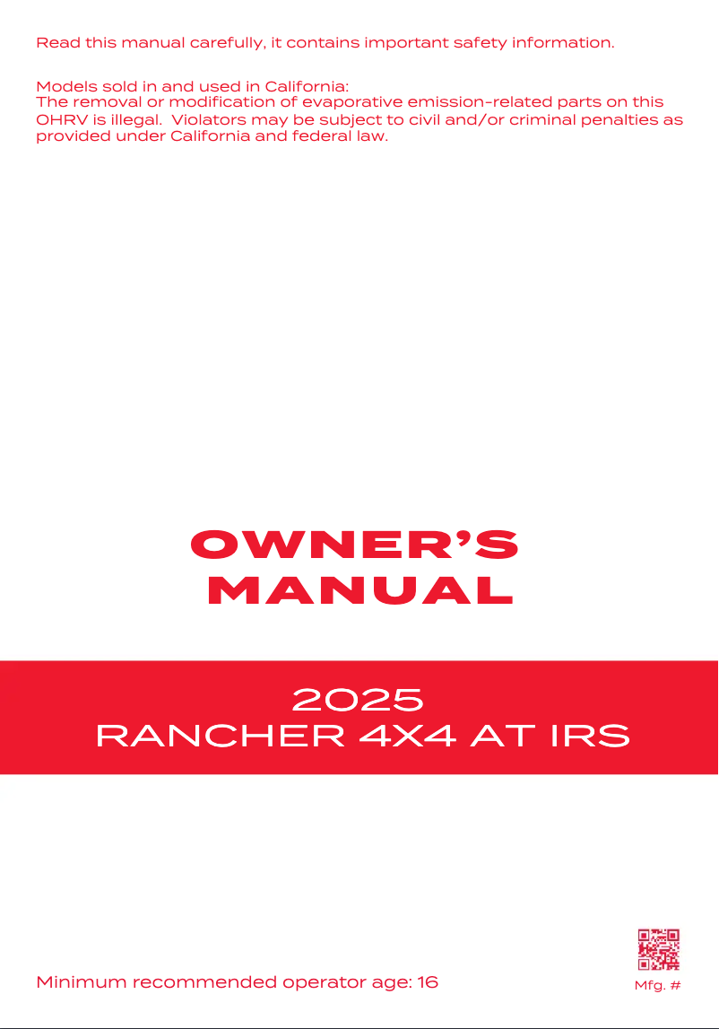 Page n°1 - Manuel utilisateur Honda Rancher 4X4 AT IRS (2025)