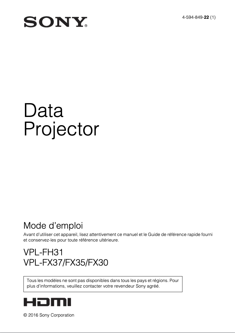 Page 1 de la notice Manuel utilisateur Sony VPL-FX30