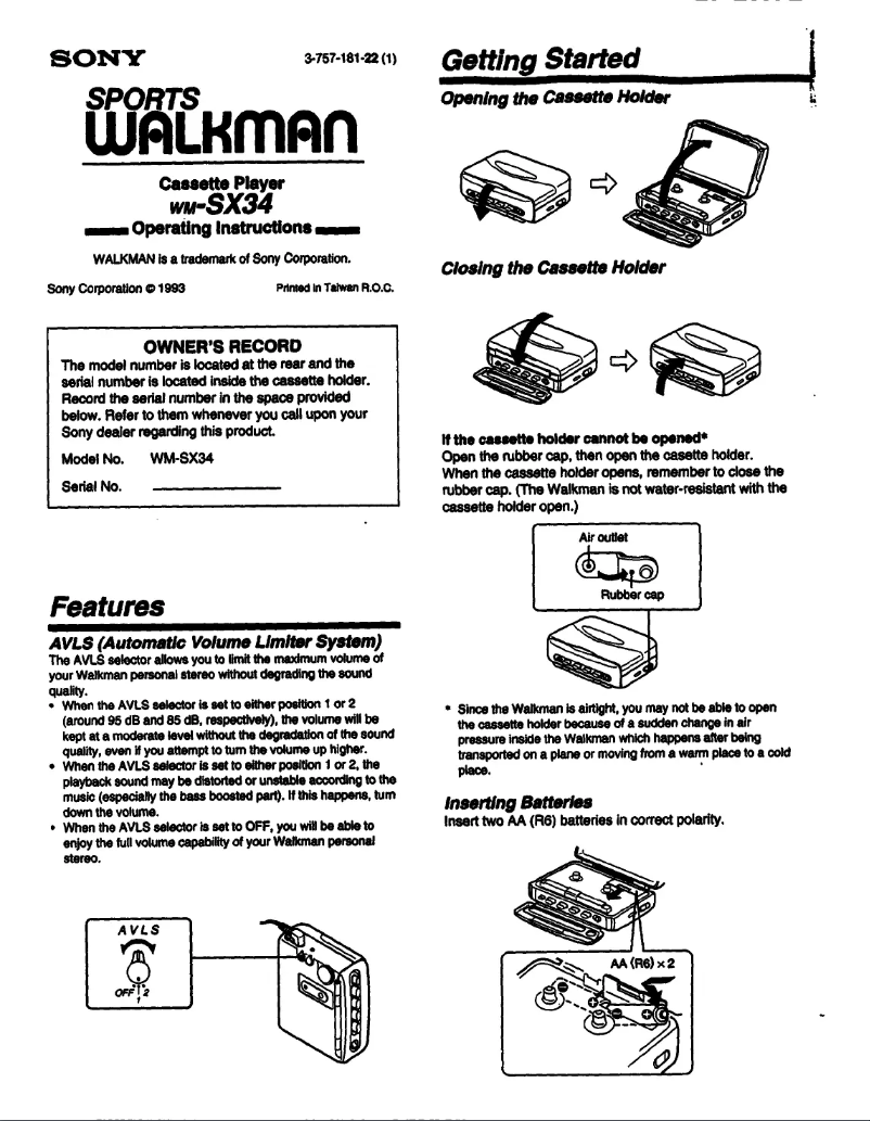 Image de la première page du manuel de l'appareil Walkman WM-SX34