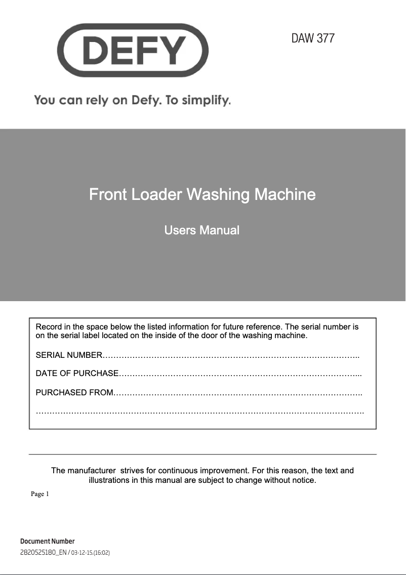 Page n°1 - Manuel utilisateur Defy DAW 377