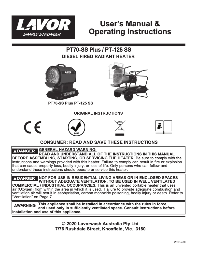 Page 1 de la notice Manuel utilisateur Lavorwash PT-125 SS