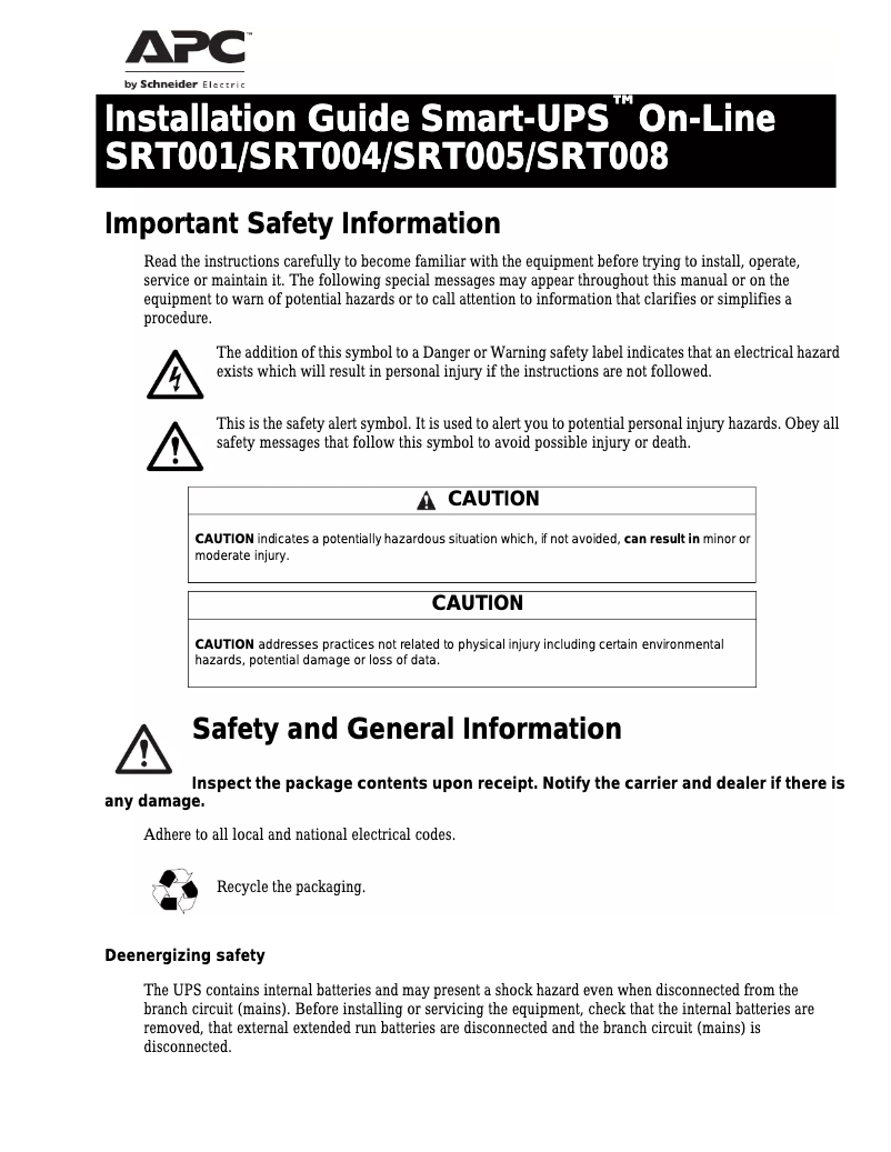 Page 1 de la notice Manuel utilisateur APC SRT001
