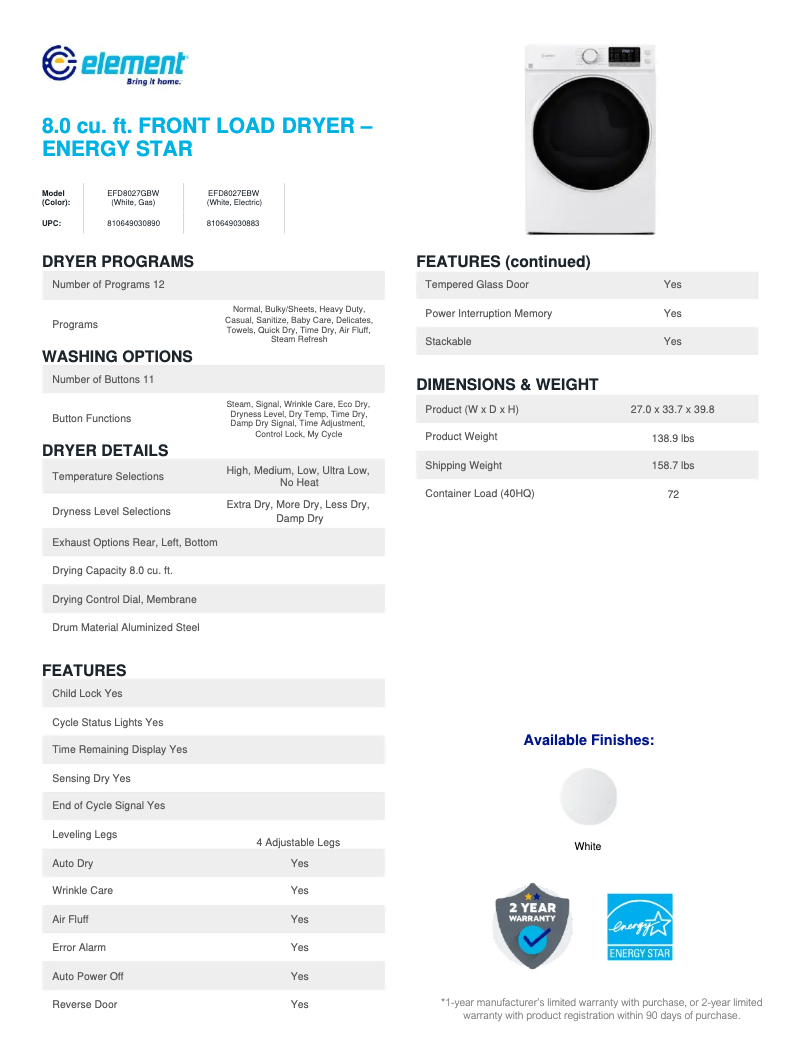 Page 1 de la notice Fiche technique Element EFD8027EBW