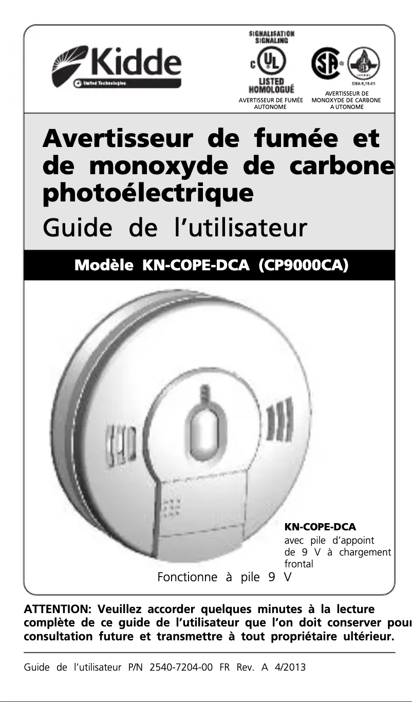 Page 1 de la notice Manuel utilisateur Kidde CP9000CA