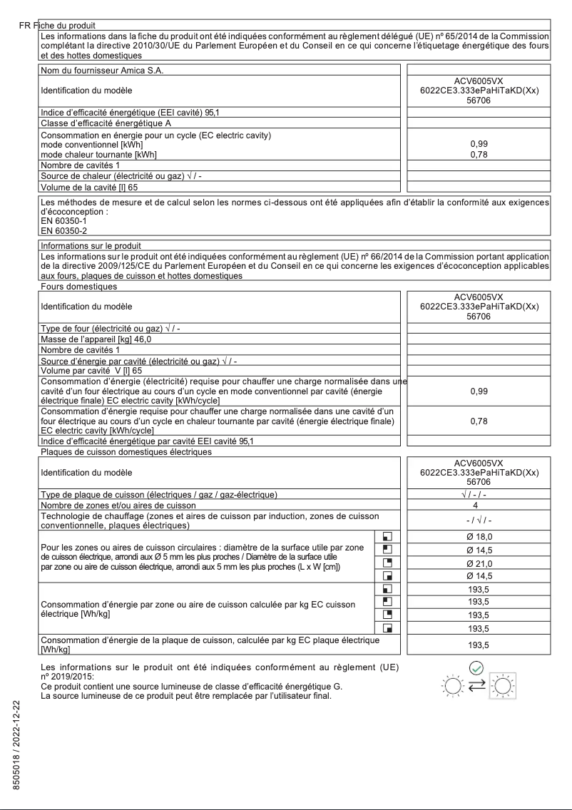 Page 1 de la notice Fiche technique Amica ACV6005VX